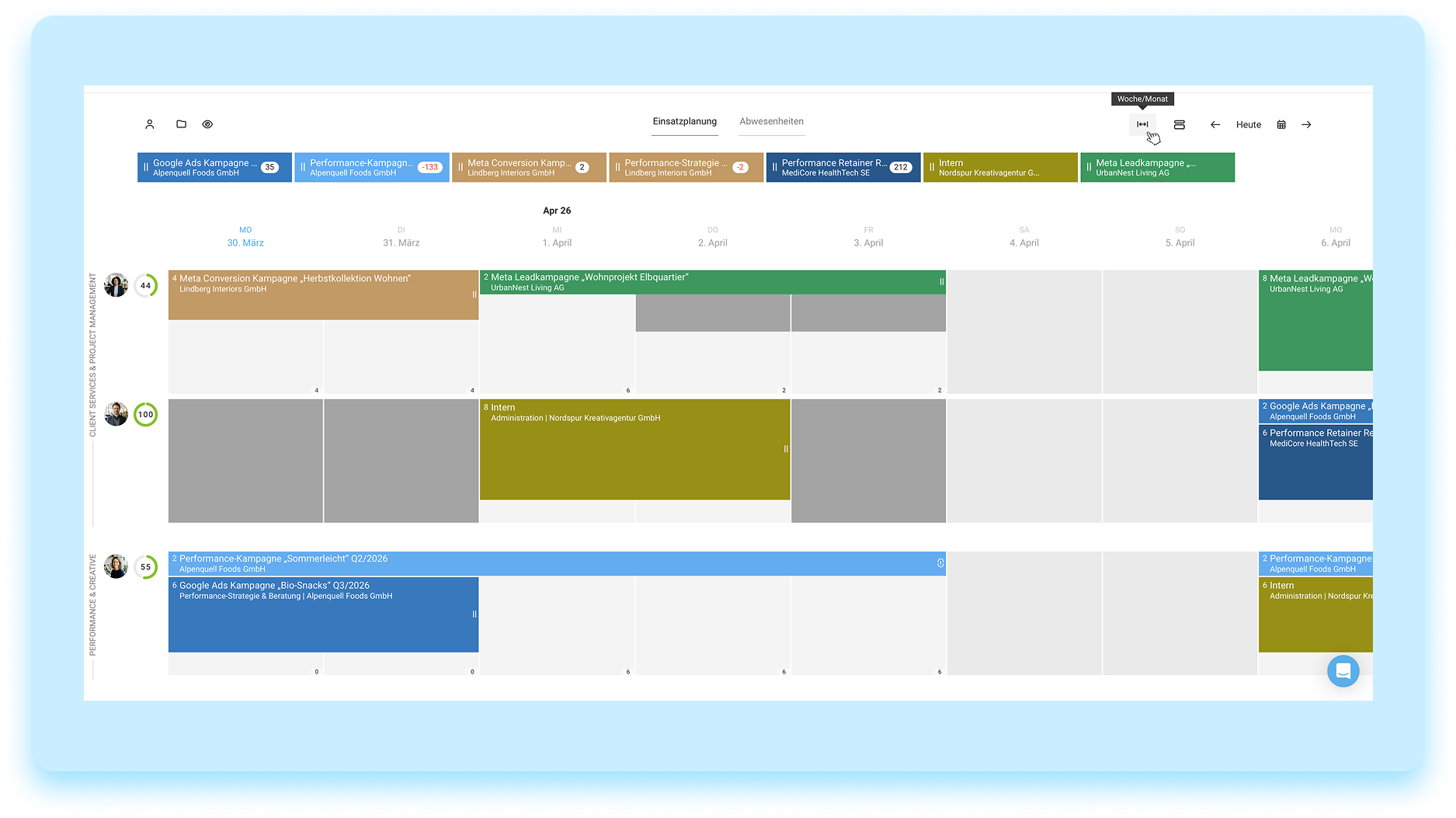 Screenshot der Einsatzplanung bzw. Ressourcenplanung MOCO