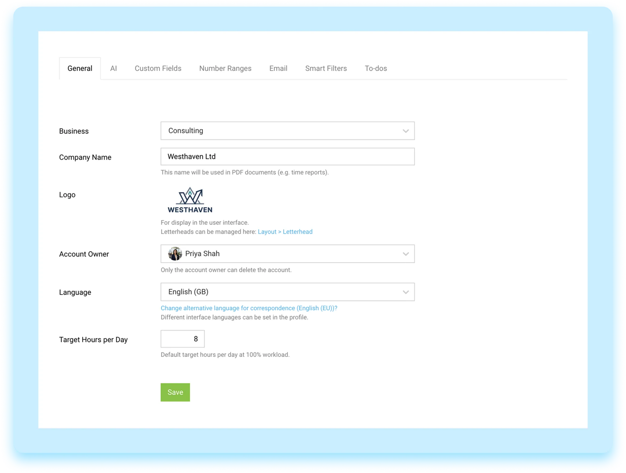 MOCO agency software settings layout screenshot