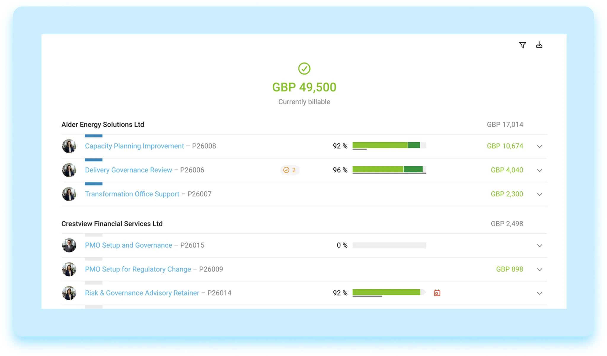 Screenshot of the MOCO project software project list