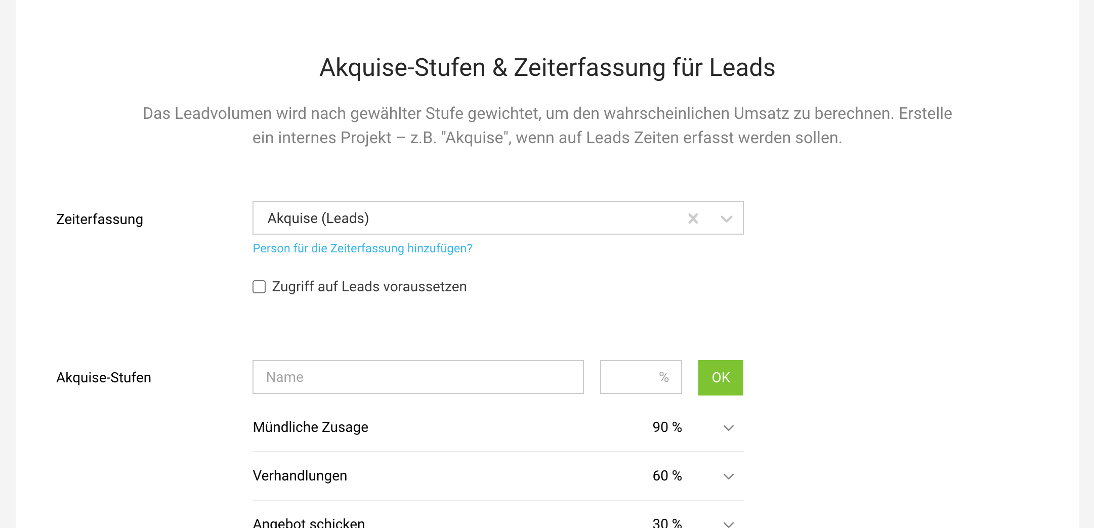 Akquise-Projekt für die Zeiterfassung und Akquise-Stufen bzw. Sales-Funnel für die Kundenakquise