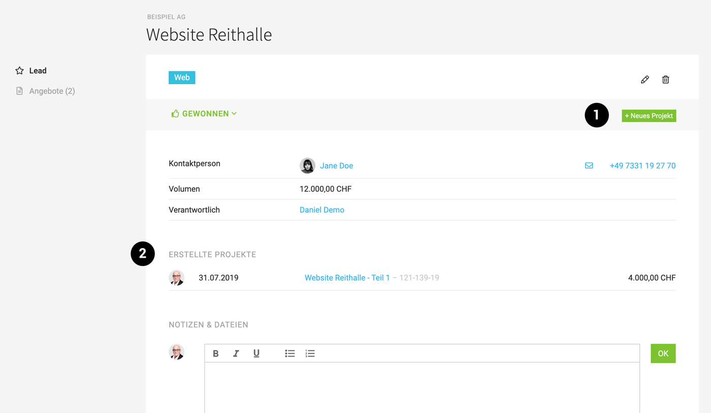 Aus einem Lead ein Projekt erstellen
