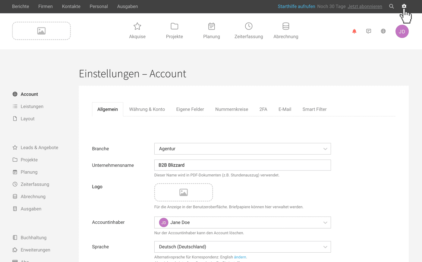 Agentursoftware MOCO Accounteinstellungen