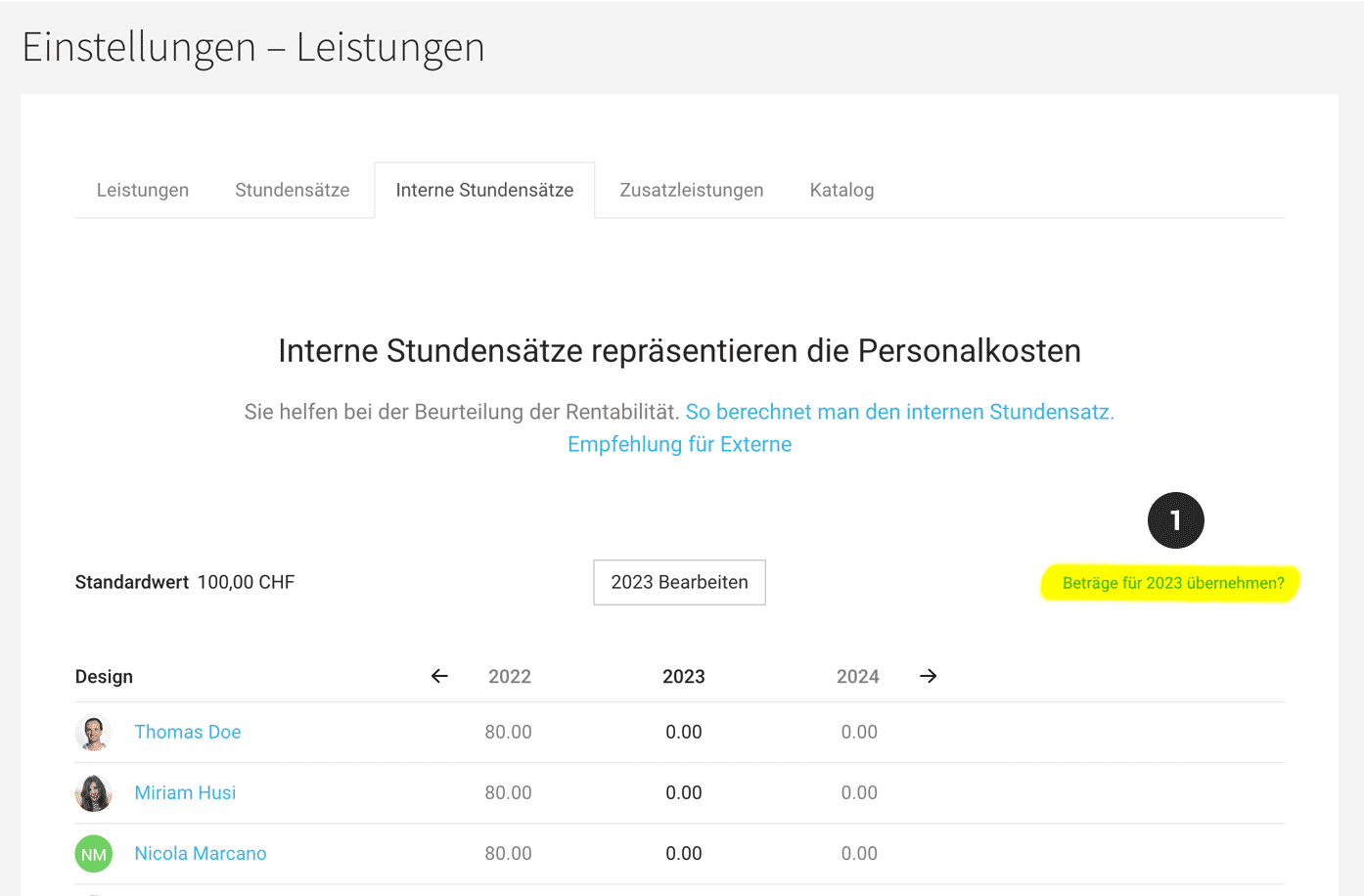 Interne Stundensätze definieren