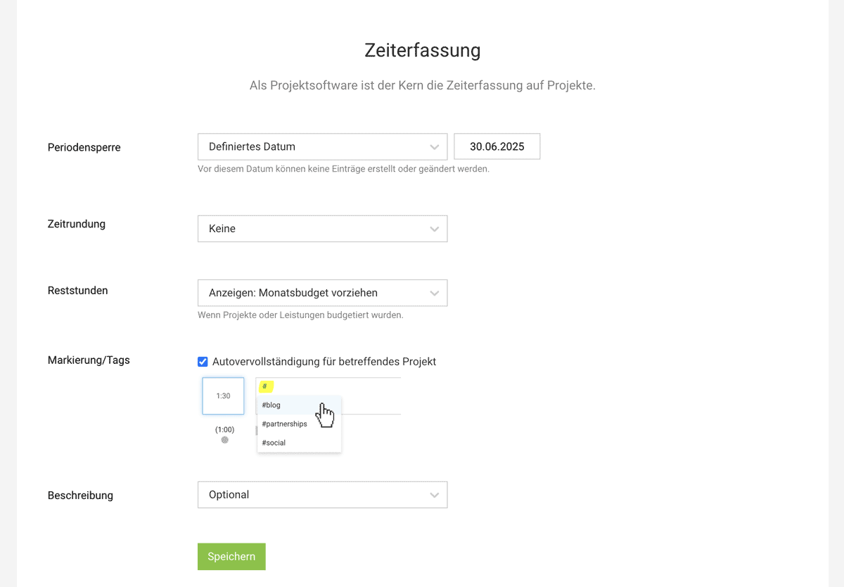 Zeiterfassung Einstellungen MOCO