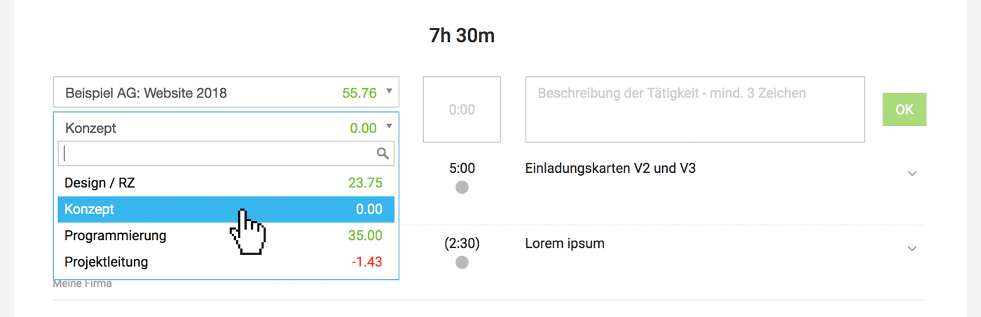 Anzeigen wieviele Stunden noch gebucht werden können, bis das Budget aufgebraucht ist.