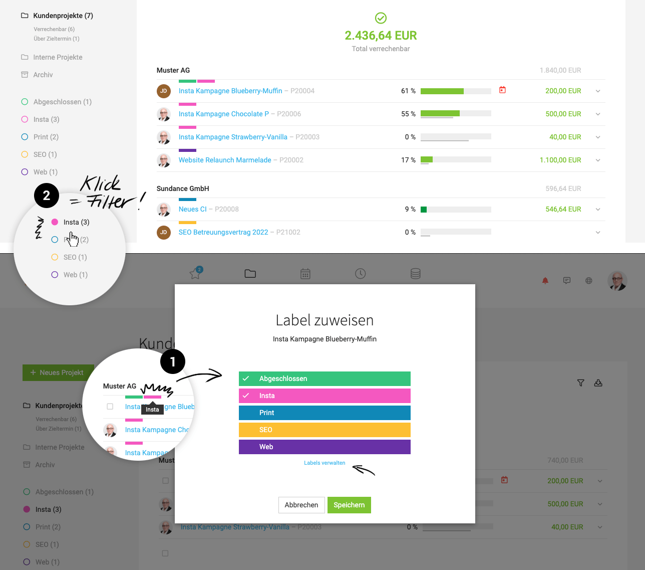 Mit Labels Projekte, Kunden, Firmen und Kontakte kategorisieren.