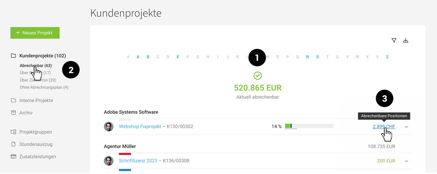 Abrechenbare Beträge in der Projektliste – Projekt abrechnen