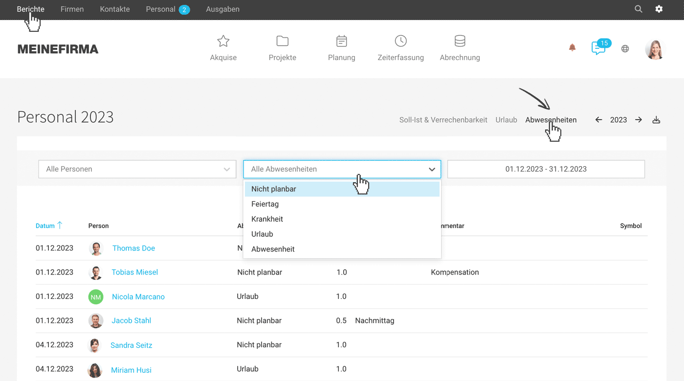 ERP Agentursoftware MOCO Export Abwesenheiten Krankheit