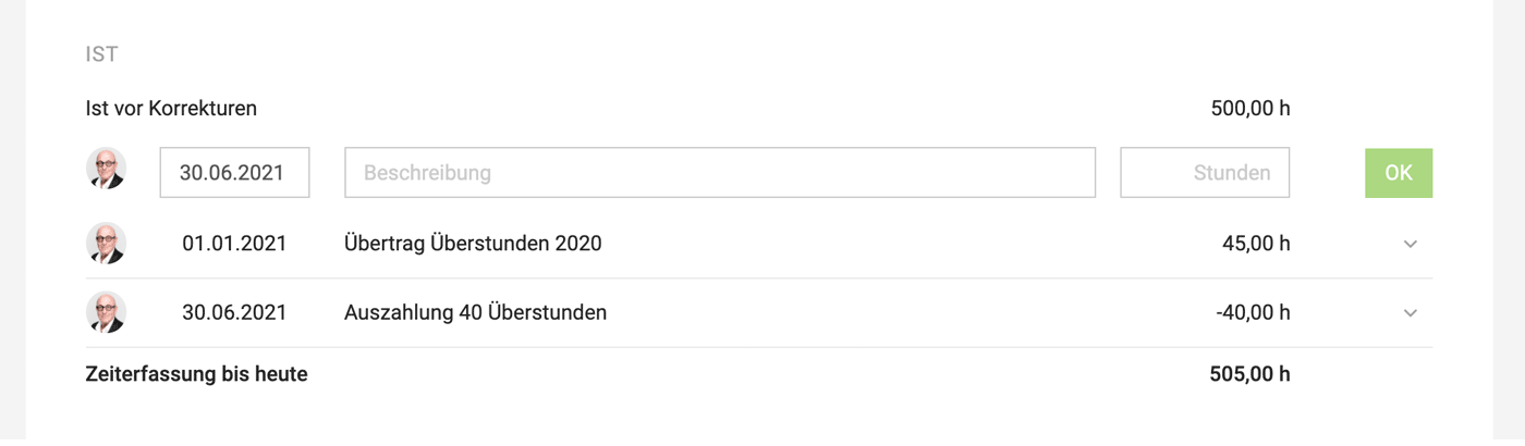 Zeitkonto für Gutschriften oder Abzüge