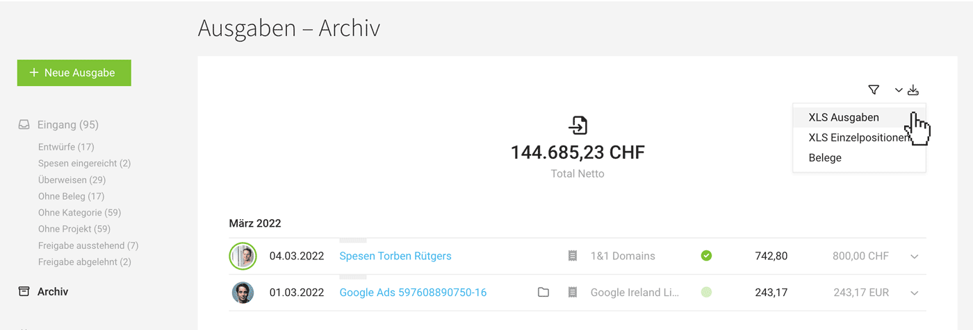 Eingangsrechnungen Sammeldownload der Belege