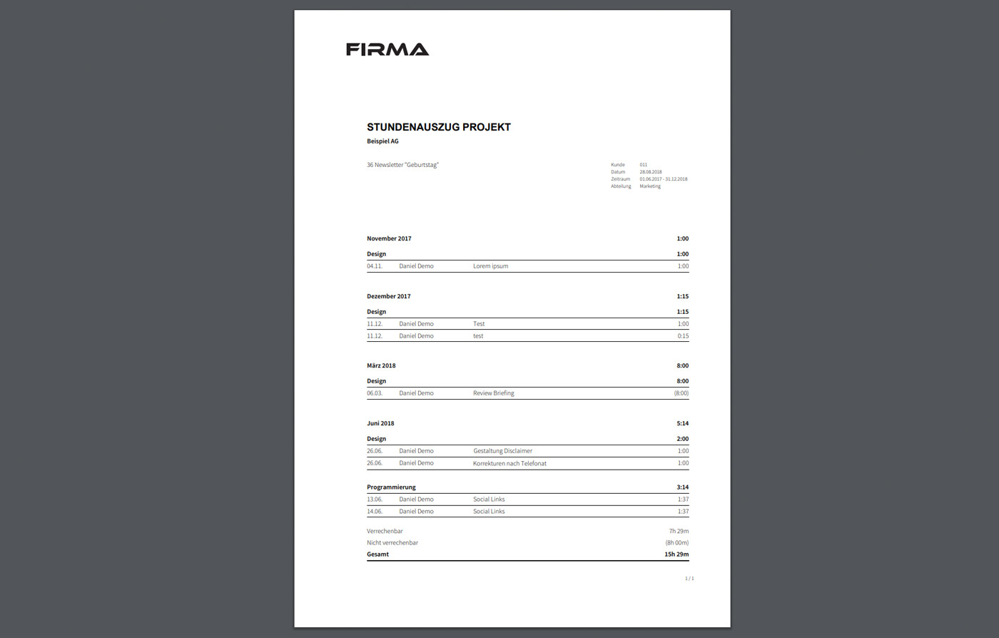 Stundenauszug als PDF, Excel oder CSV