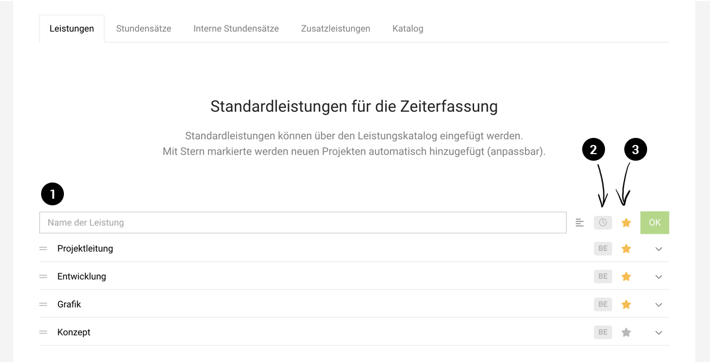 Standardleistungen Zeiterfassung in MOCO