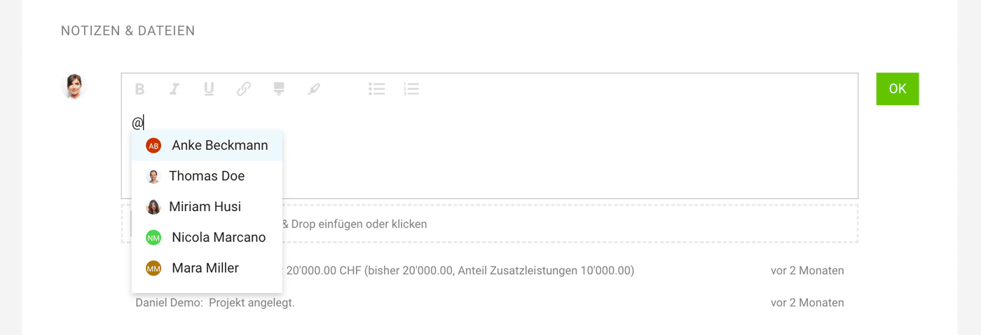 Beispiel, das zeigt, wie man mit @Name eine Person benachrichtigen oder zu einer Aktion auffordern kann