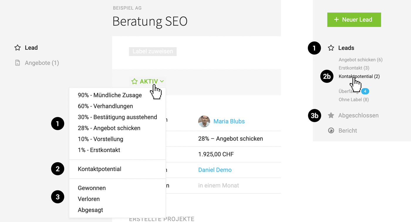 Lead-Status und Akquise-Stufe wählen