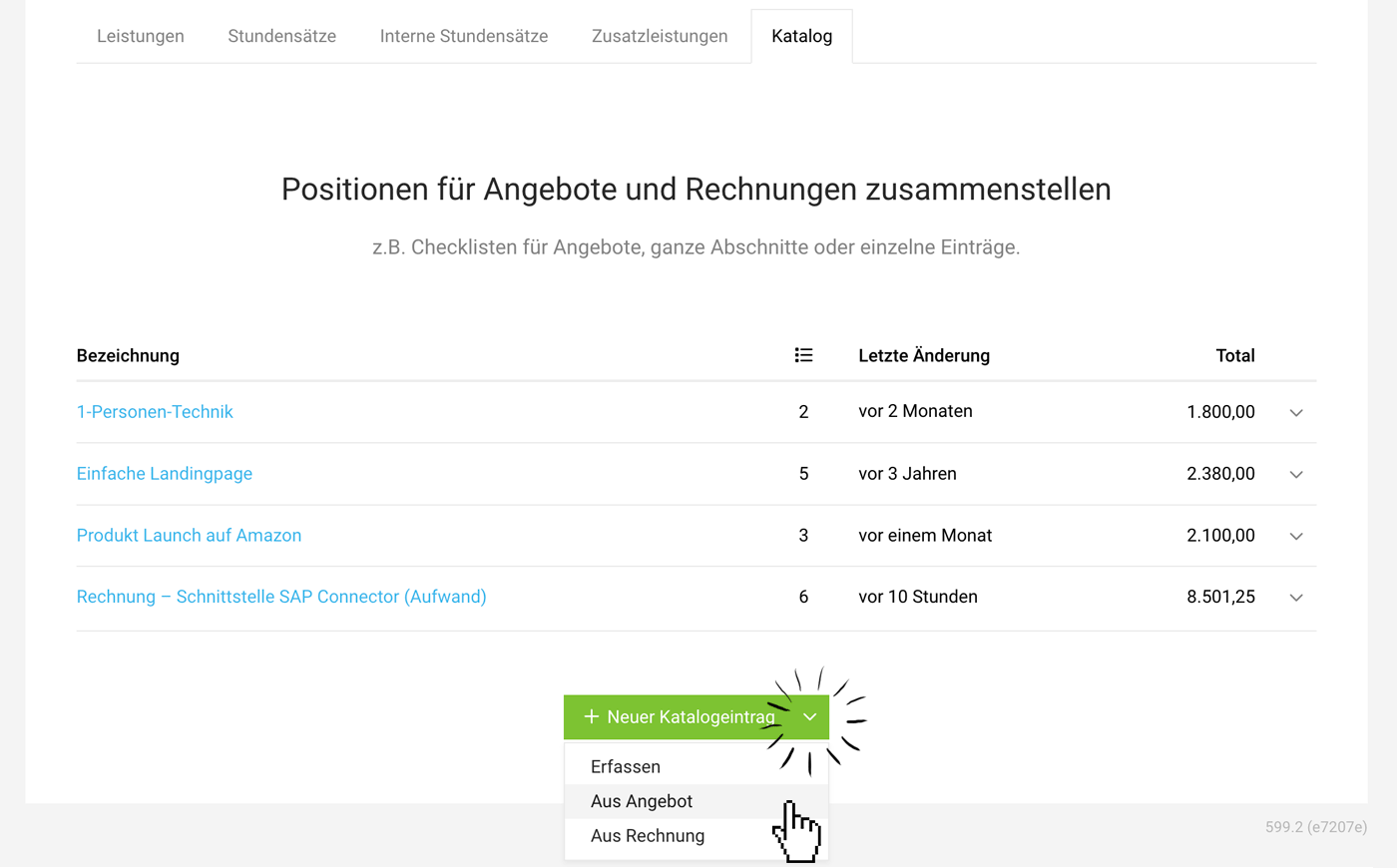 Katalog vordefinieren, Angebote und Rechnungen übernehmen