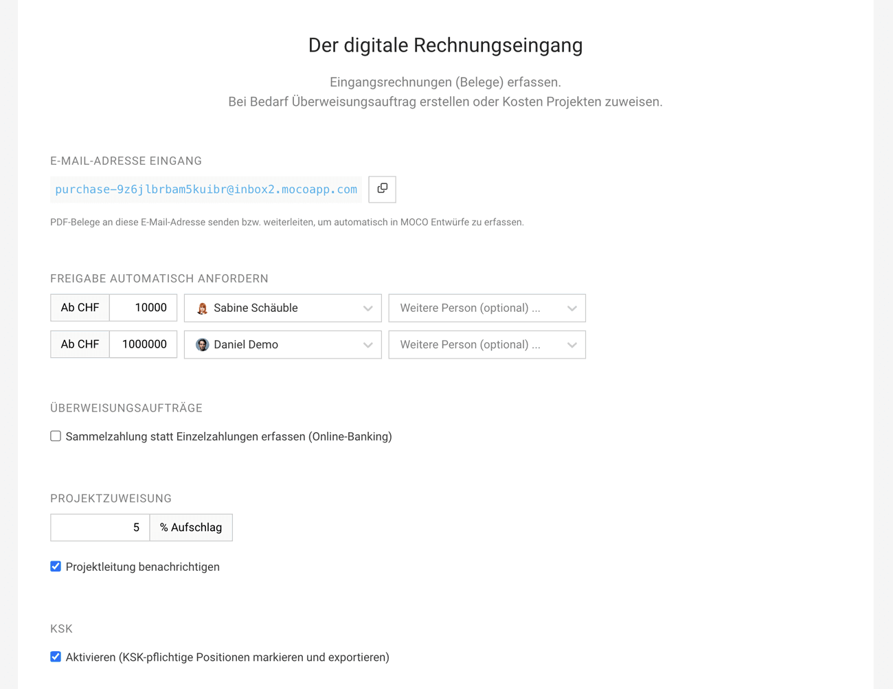 Einstellungen digitaler Rechnungseingang MOCO Einstellungen digitaler Rechnungseingang MOCO