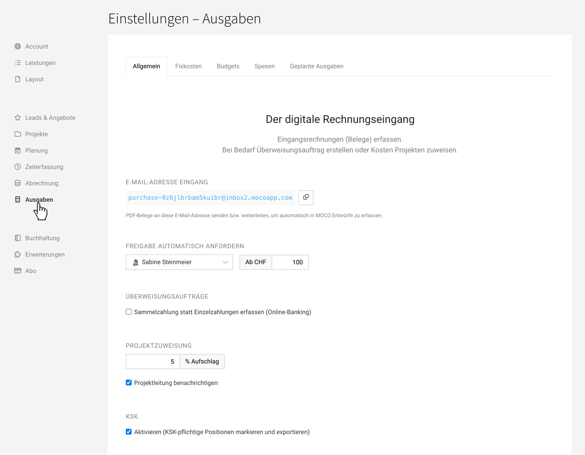 Einstellungen digitaler Rechnungseingang MOCO