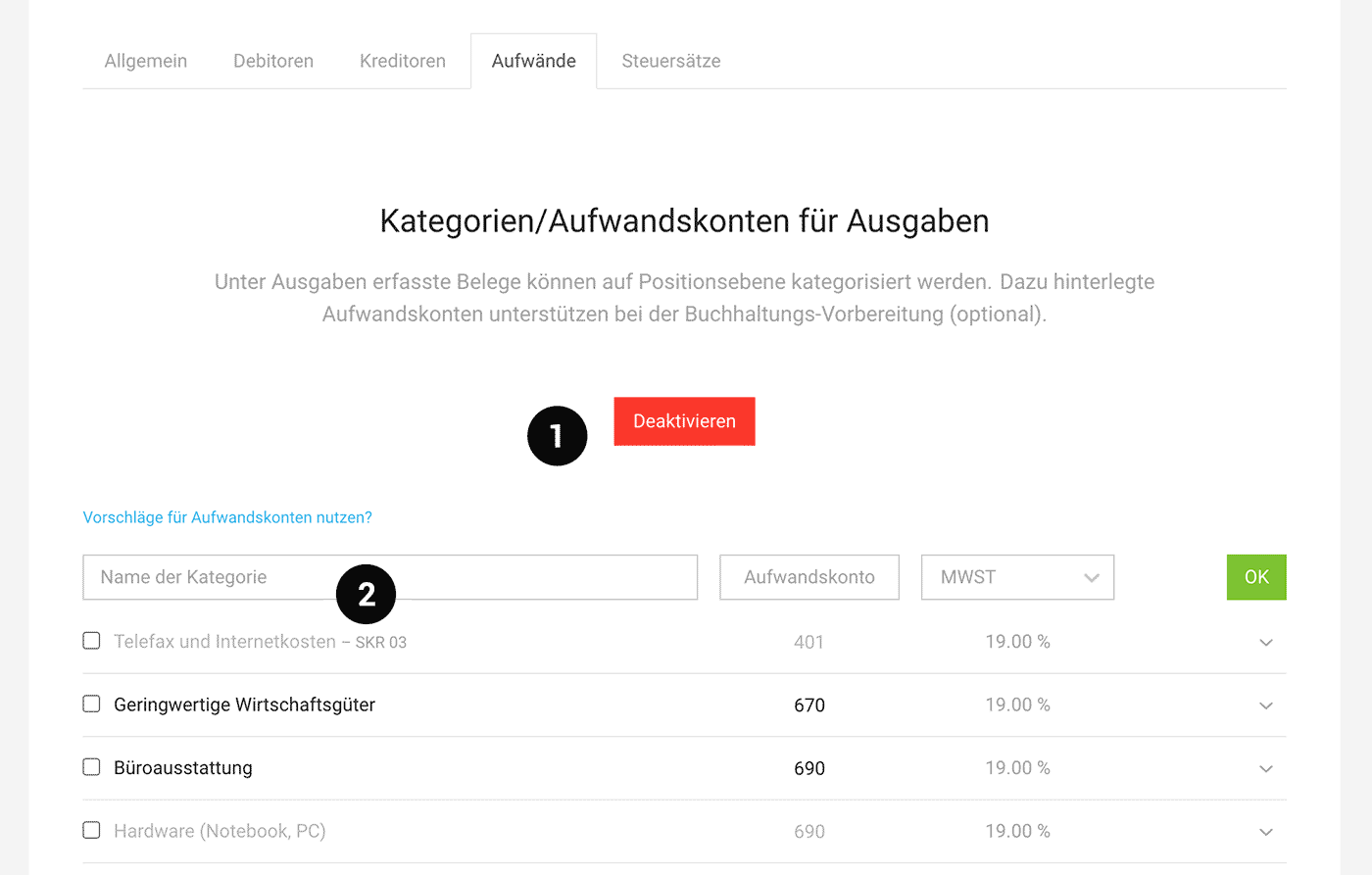 Kategorien: Aufwandskonten, Sachkonten in MOCO – für Ausgaben erfassen