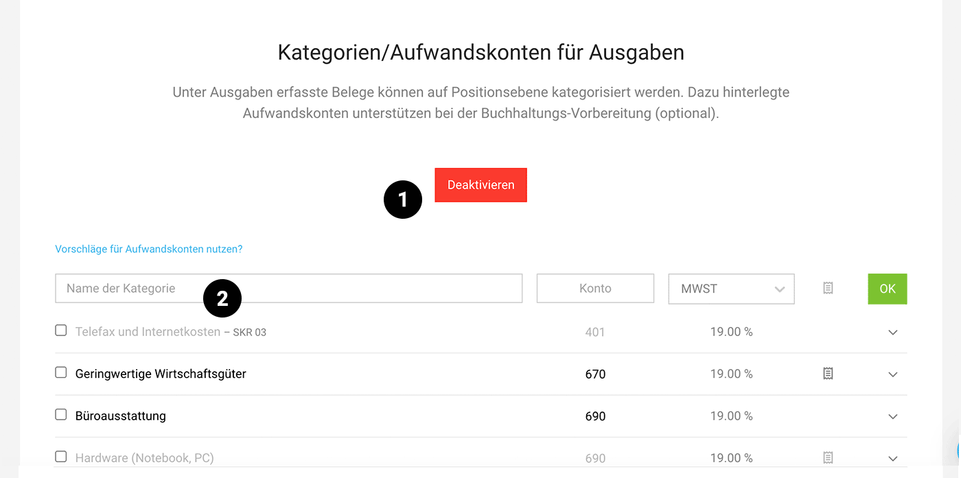 Kategorien: Aufwandskonten, Sachkonten in MOCO – für Ausgaben erfassen