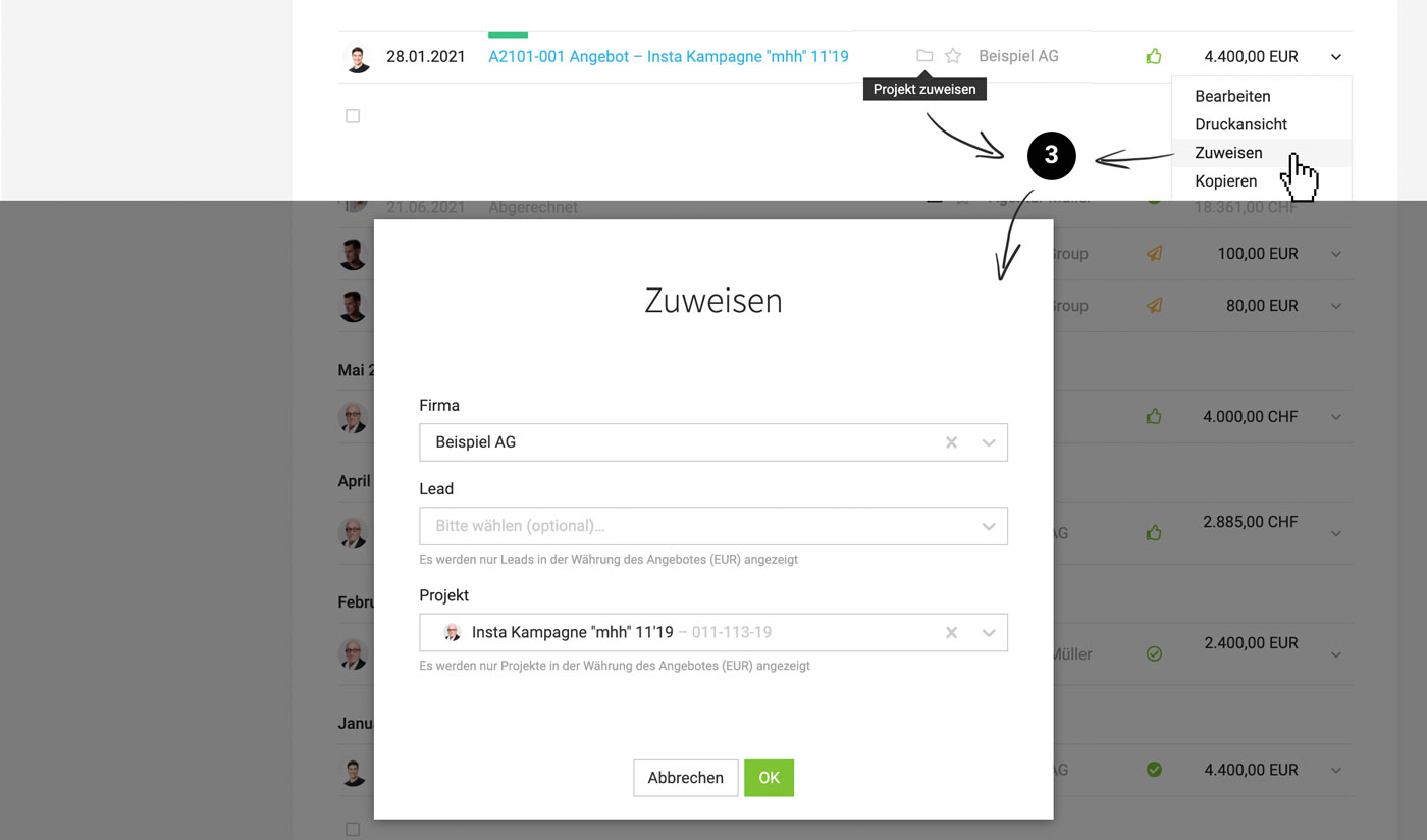 Angebote verschieben bzw. anderem Kunden, Projekt oder Lead zuweisen
