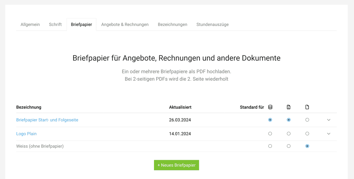 Briefpapier mit Logo und Absenderinformationen hochladen