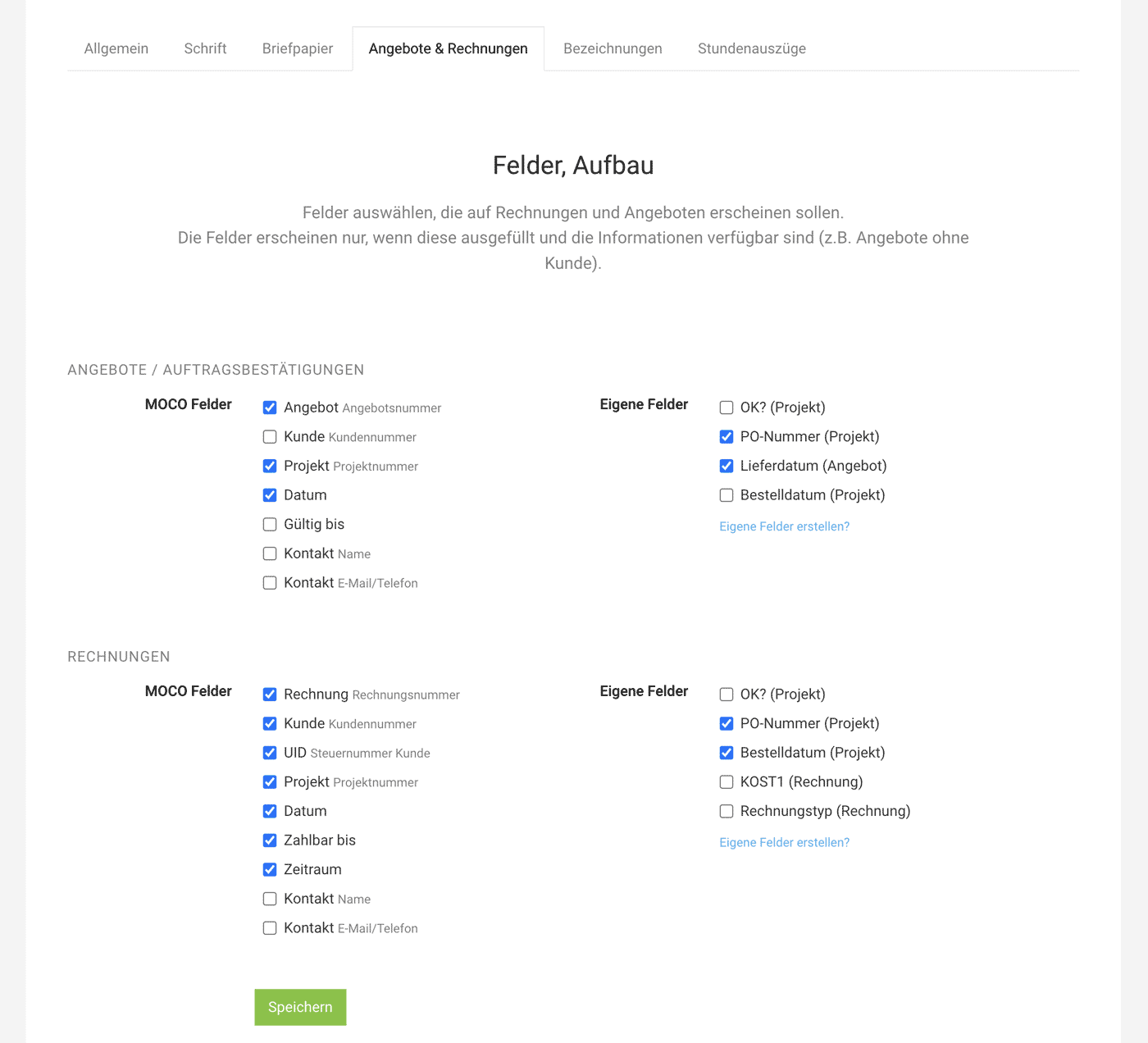 Layout Einstellungen Angebote und Rechnungen MOCO