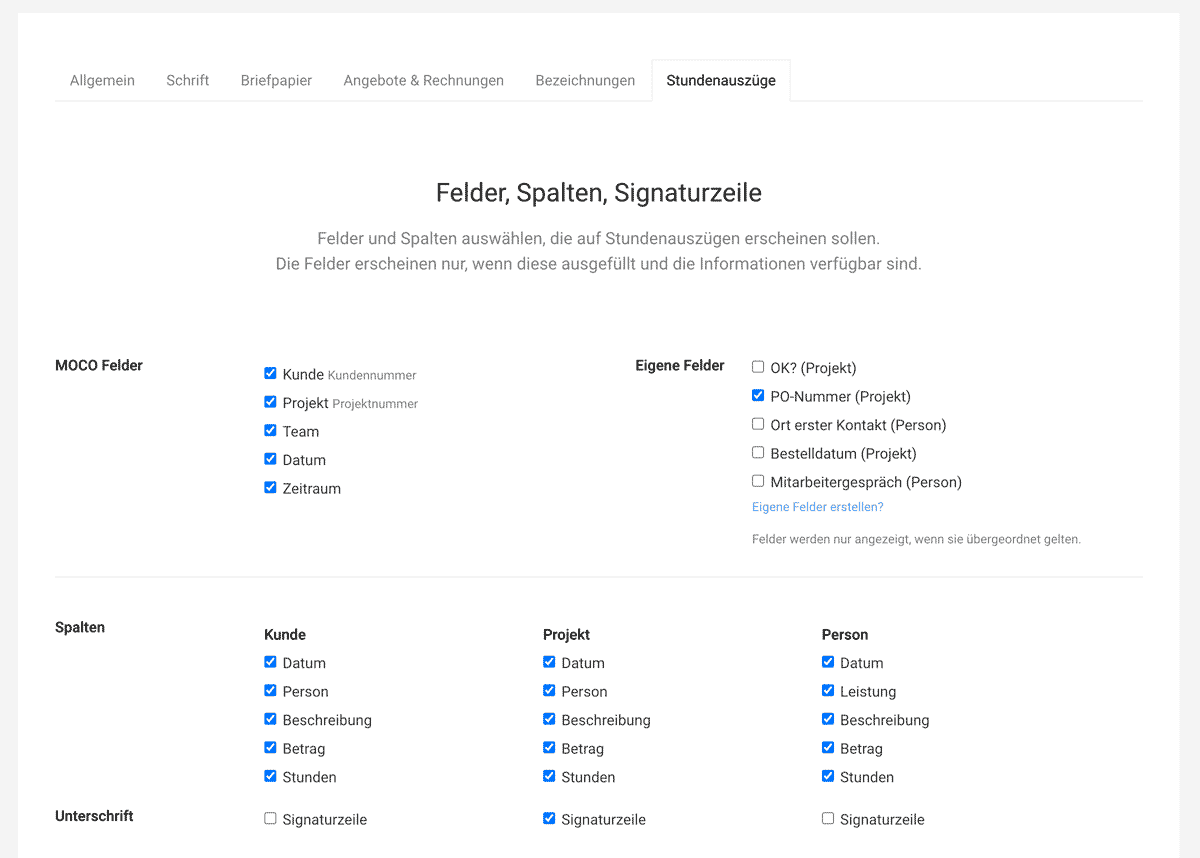 Layout Einstellungen Stundenauszüge Unterschrift