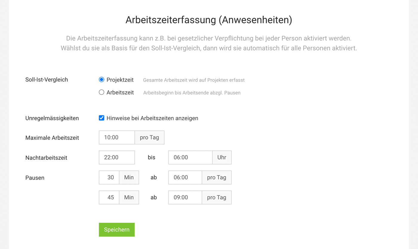 Einstellungen Arbeitzseiterfassung