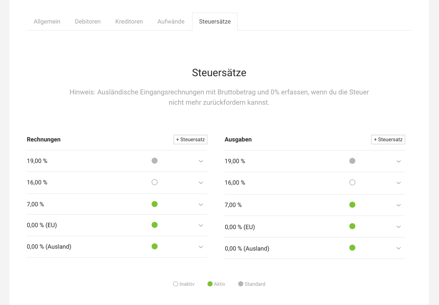 Steuersätze verwalten Agentursoftware MOCO