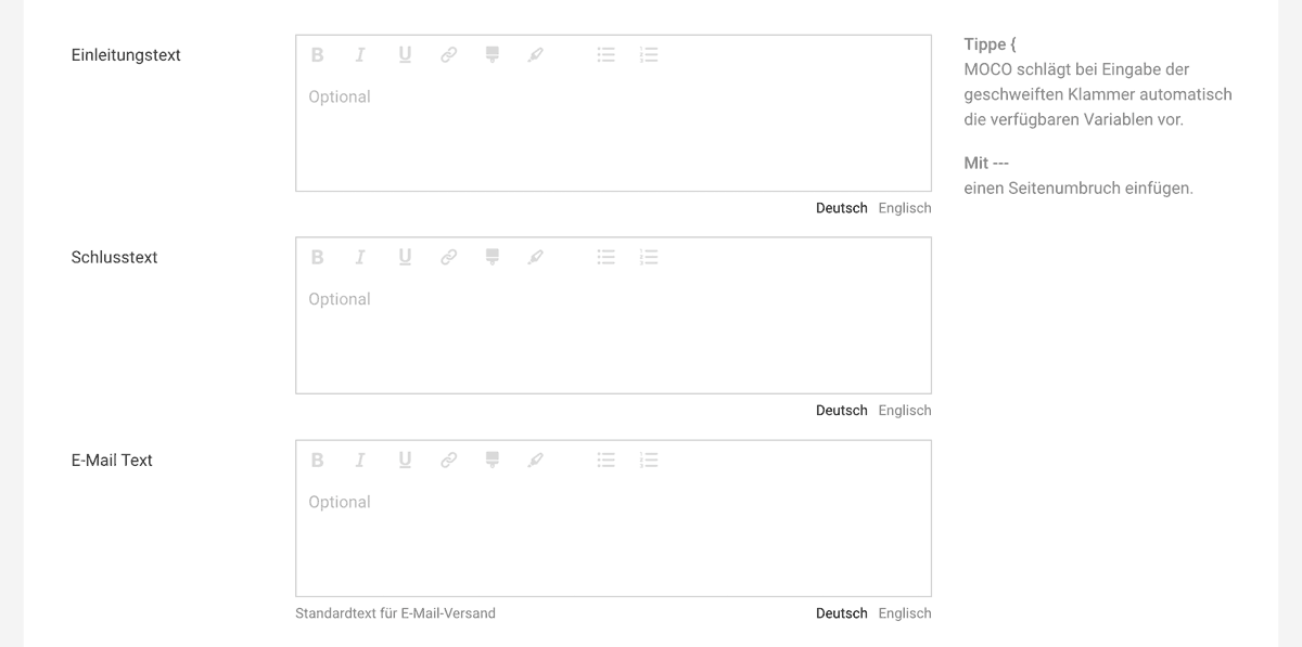 Standardtexte für die Stornorechnung