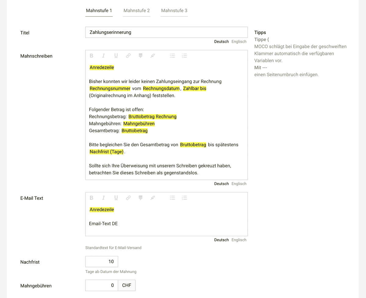 Mahnstufen Standardtexte Mahnungen MOCO