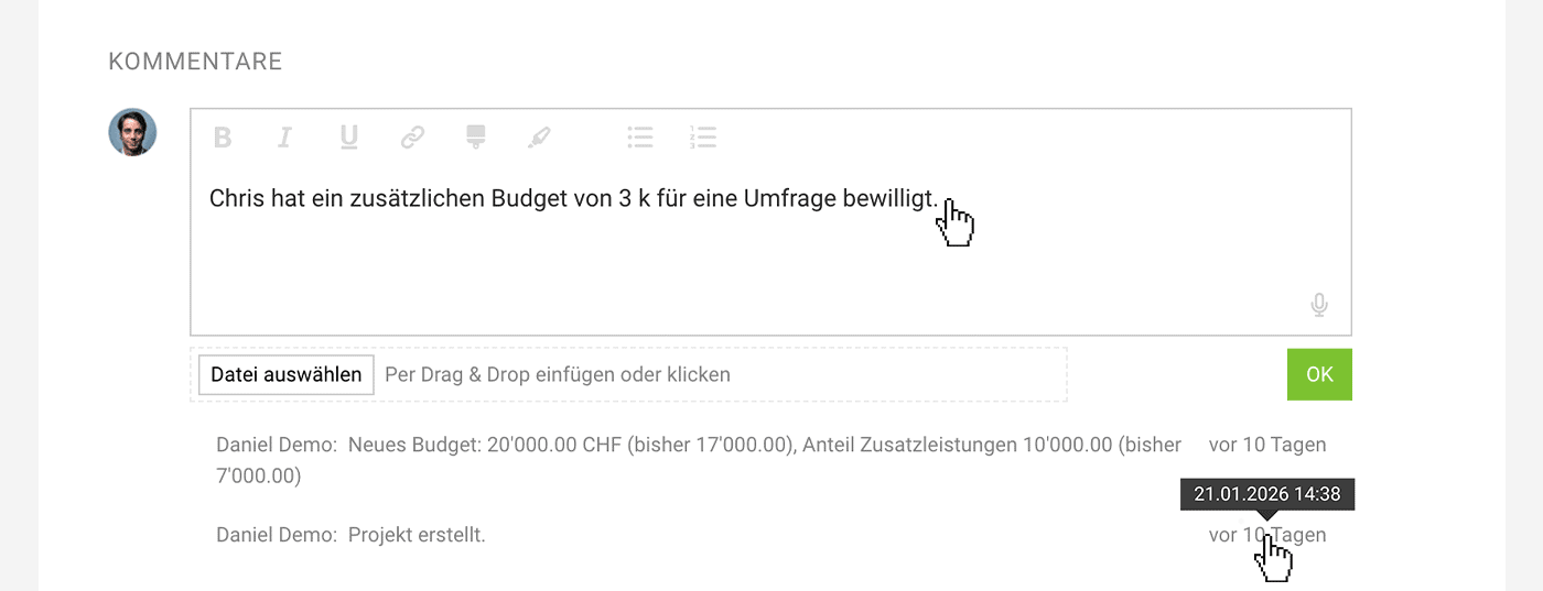 Dateien hochladen und Notizen erfassen für Historie