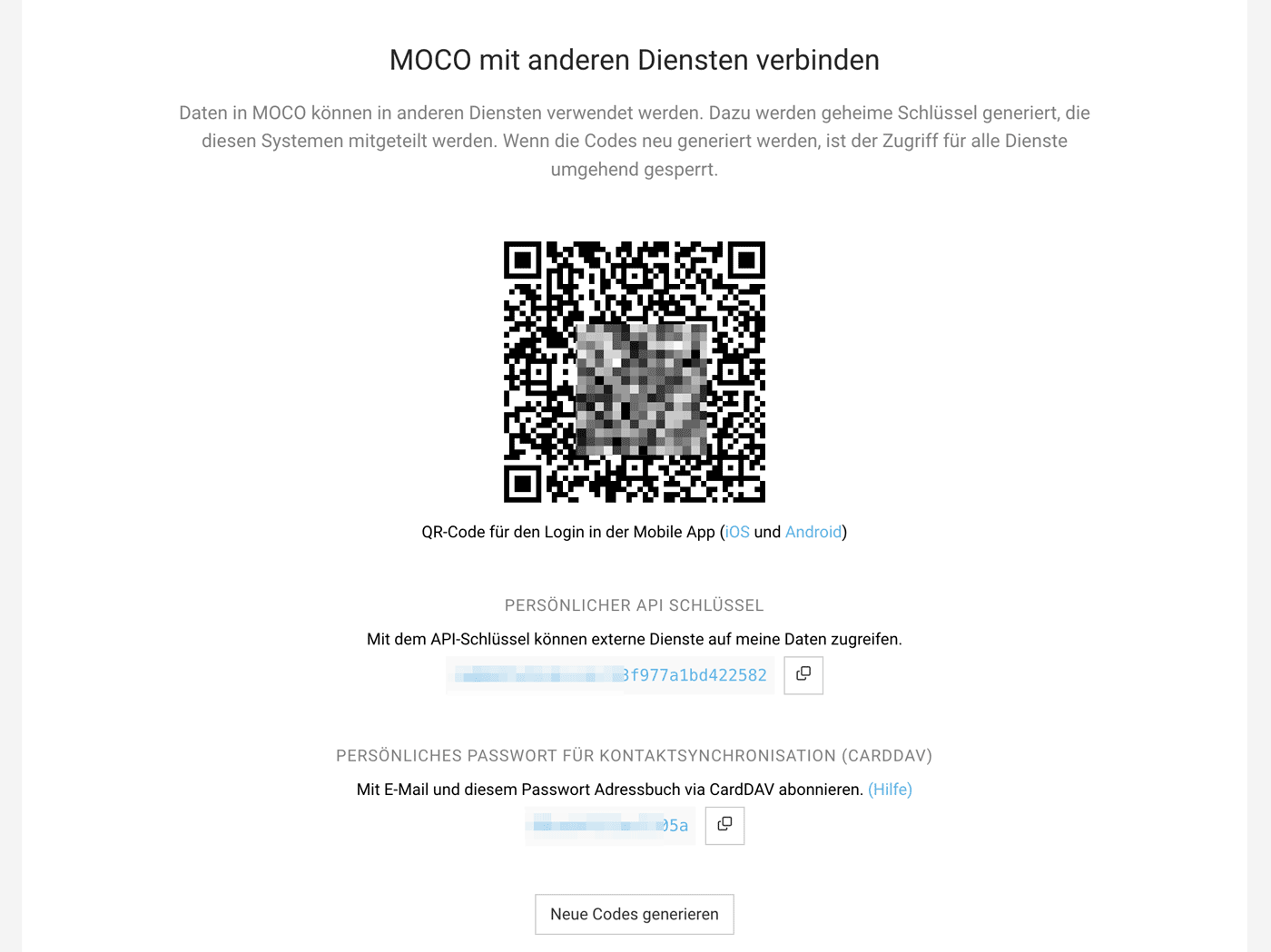 Profileinstellungen MOCO für Integrationen