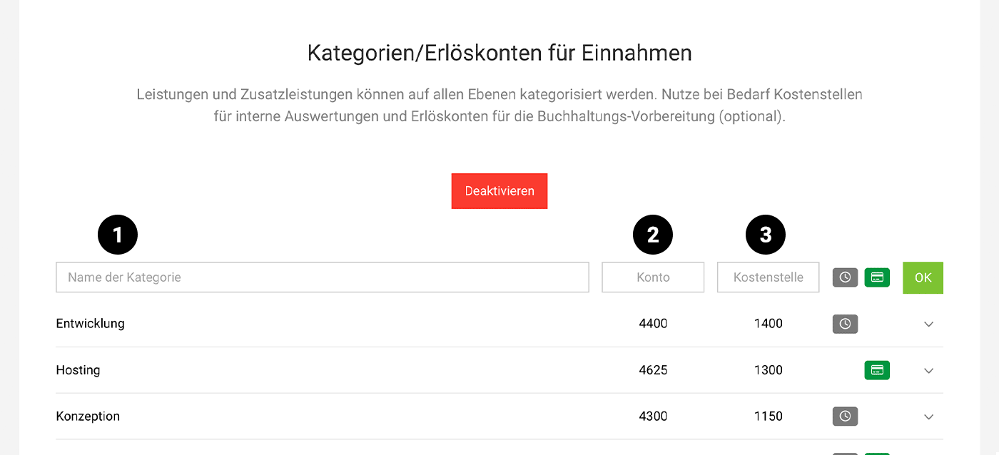 Buchhaltungseinstellung: Erlöskonten, Kostenstellen, Kategorien auf Leistungsebene Buchhaltungseinstellung: Erlöskonten, Kostenstellen, Kategorien auf Leistungsebene