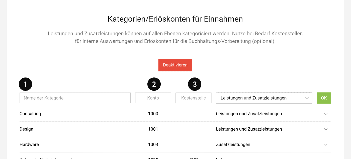 Buchhaltungseinstellung: Erlöskonten, Kostenstellen, Kategorien auf Leistungsebene