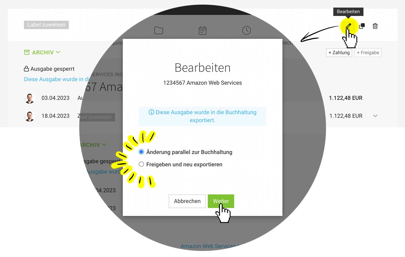 Für die Buchhaltung exportierte Ausgaben bearbeiten