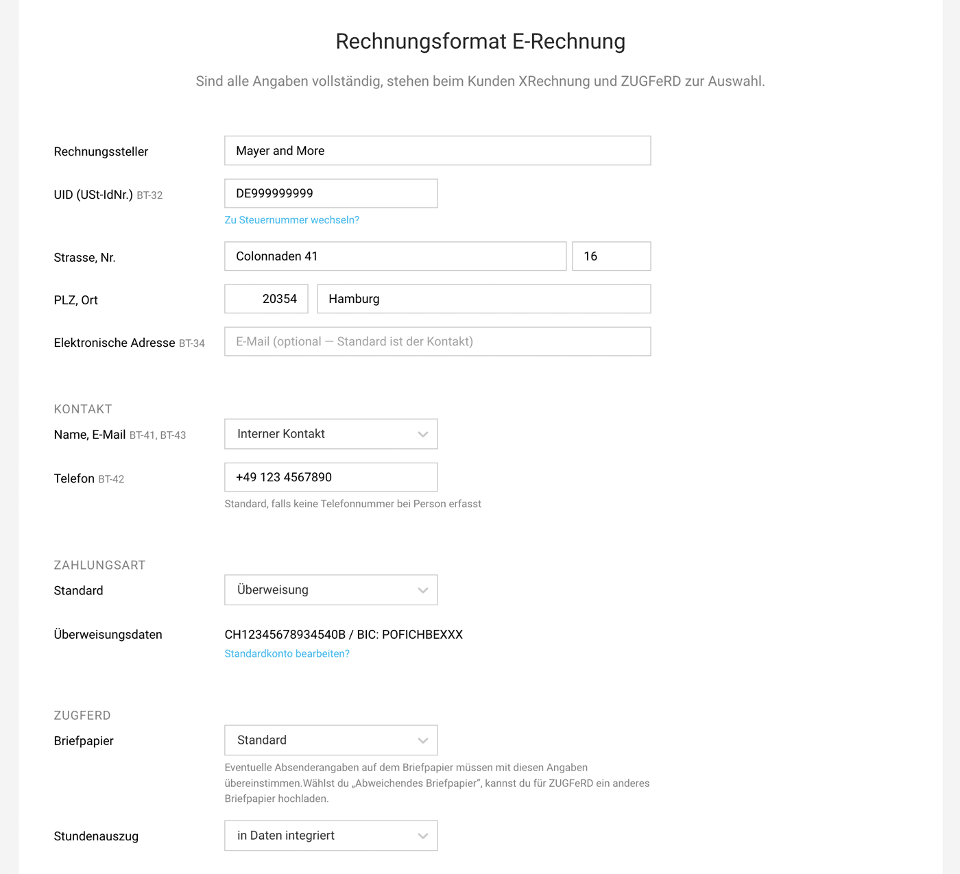 Einstellungen E-Rechnungen