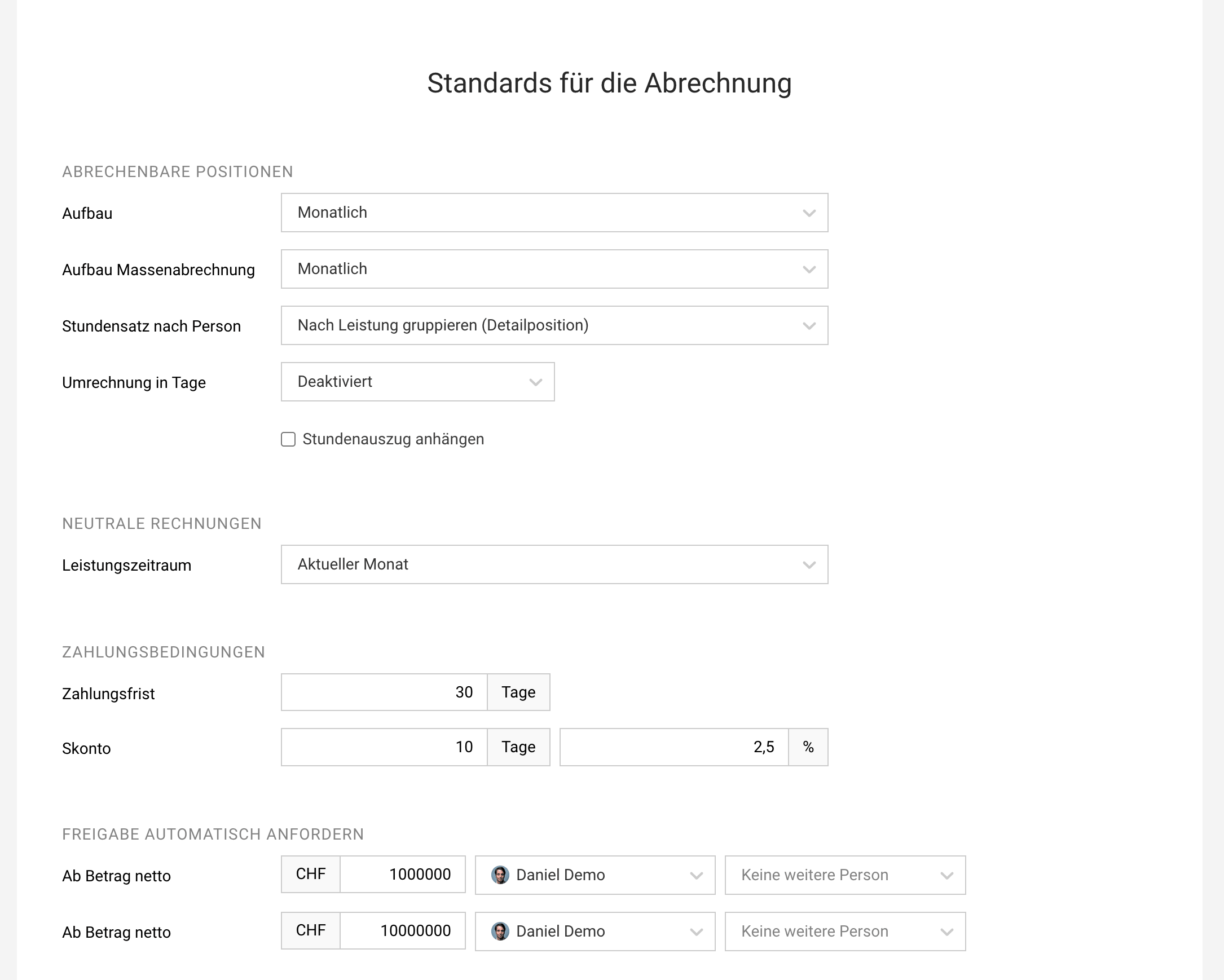 Einstellungen Rechnungserstellung time & material