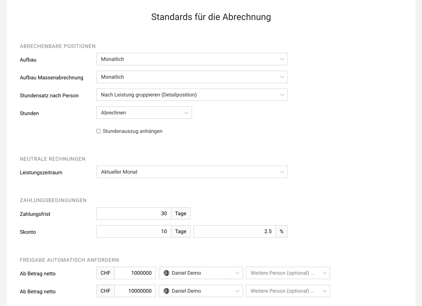 Einstellungen Rechnungserstellung time & material