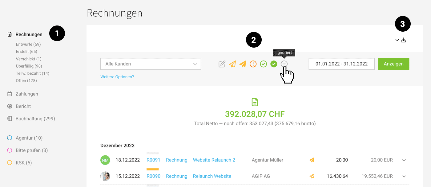 Debitorenliste Rechnungen verwalten