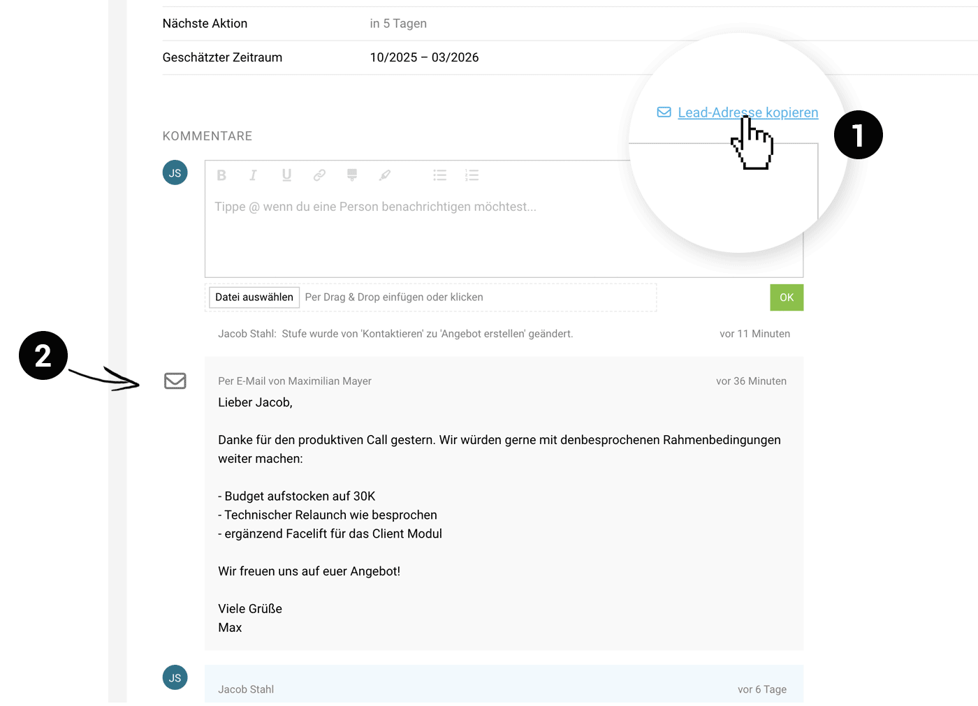 Kommentare, E-Mails, Verlaufshistorie des Leads