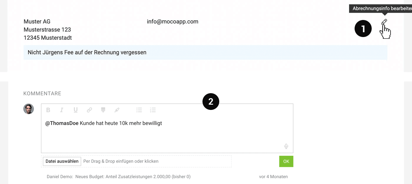 Info zur Abrechnung und generelle Notizen und Begleit-Dokumente zum Projekt erfassen