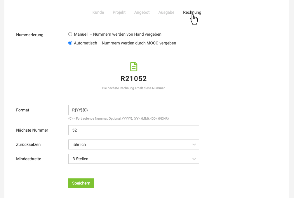 Optionale Einstellung manuelle Eingabe oder automatisierte Rechnungsnummer