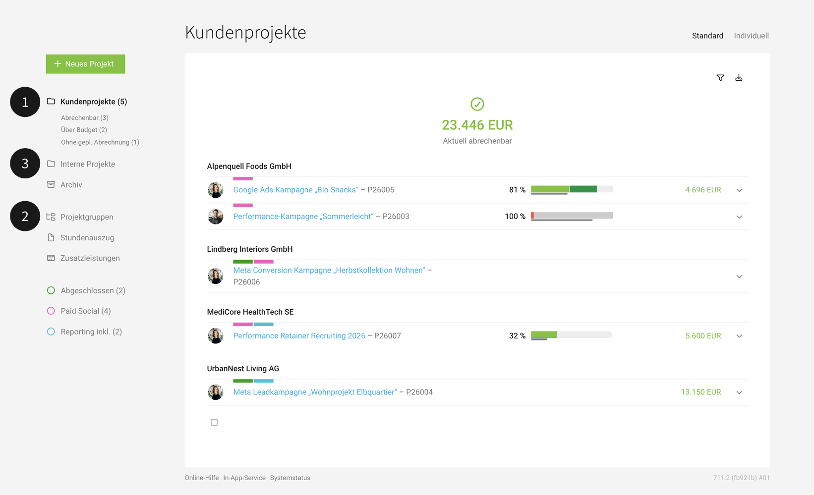 Projektliste in MOCO