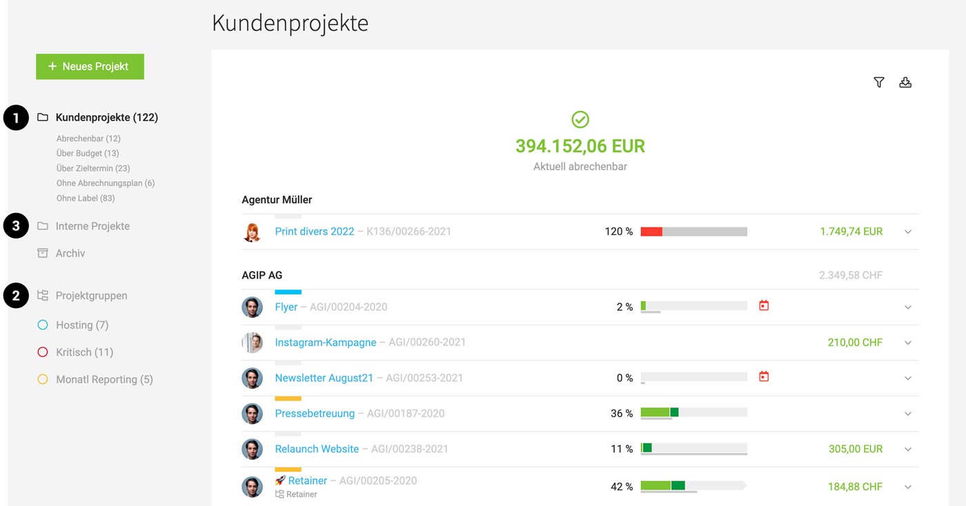 Projektliste in MOCO