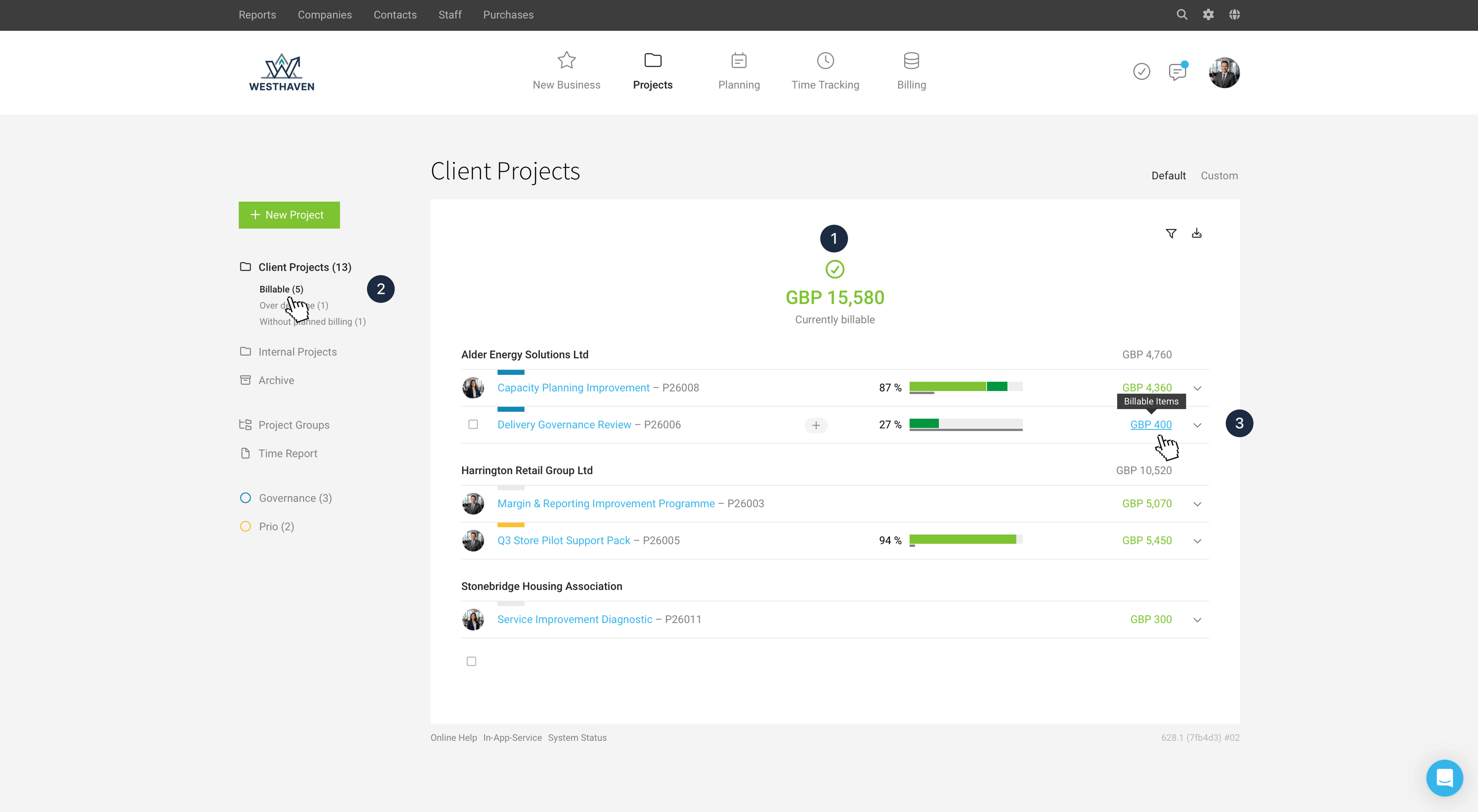 Abrechenbare Beträge in der Projektliste – Projekt abrechnen