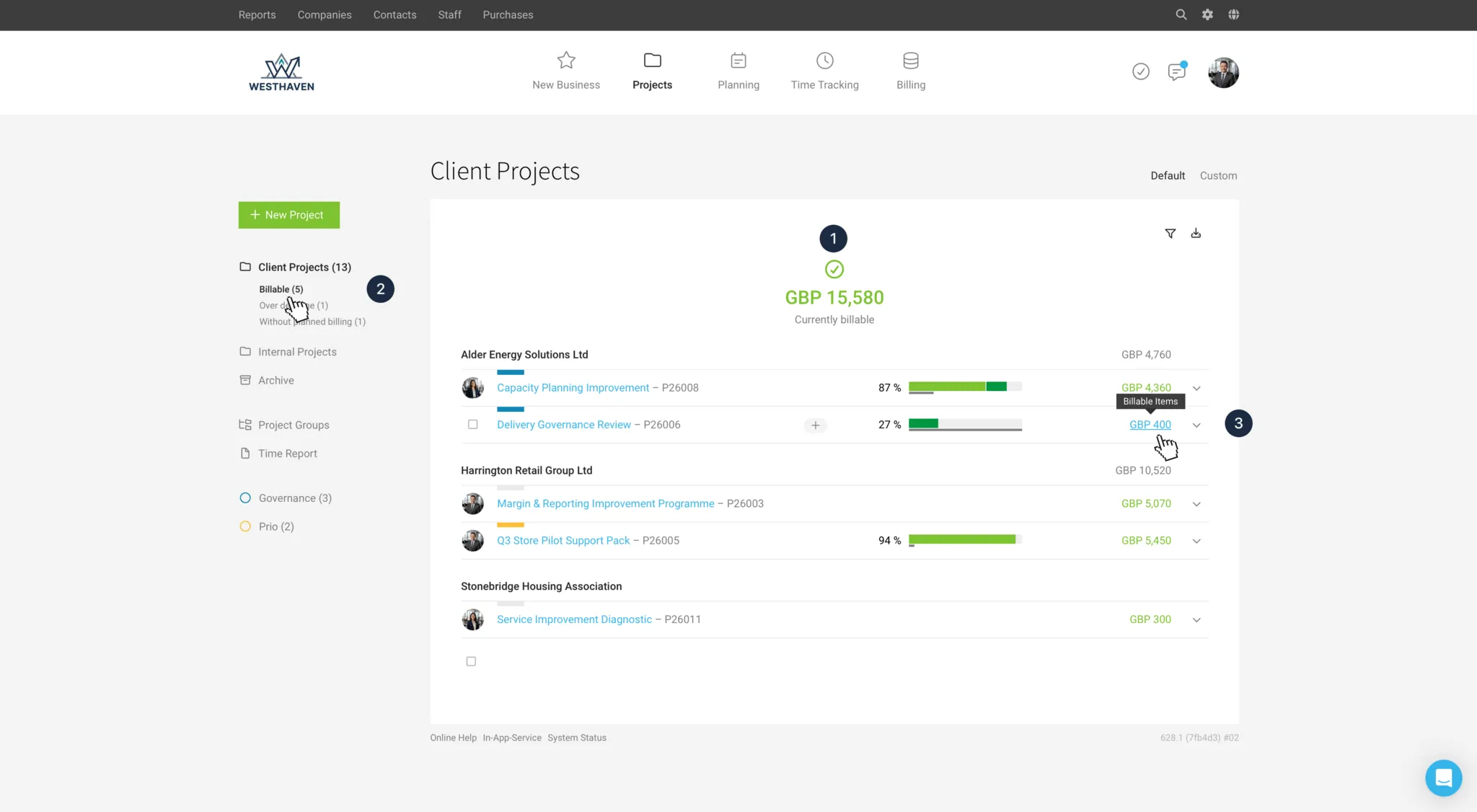 Billable amounts in the project list – Invoice project