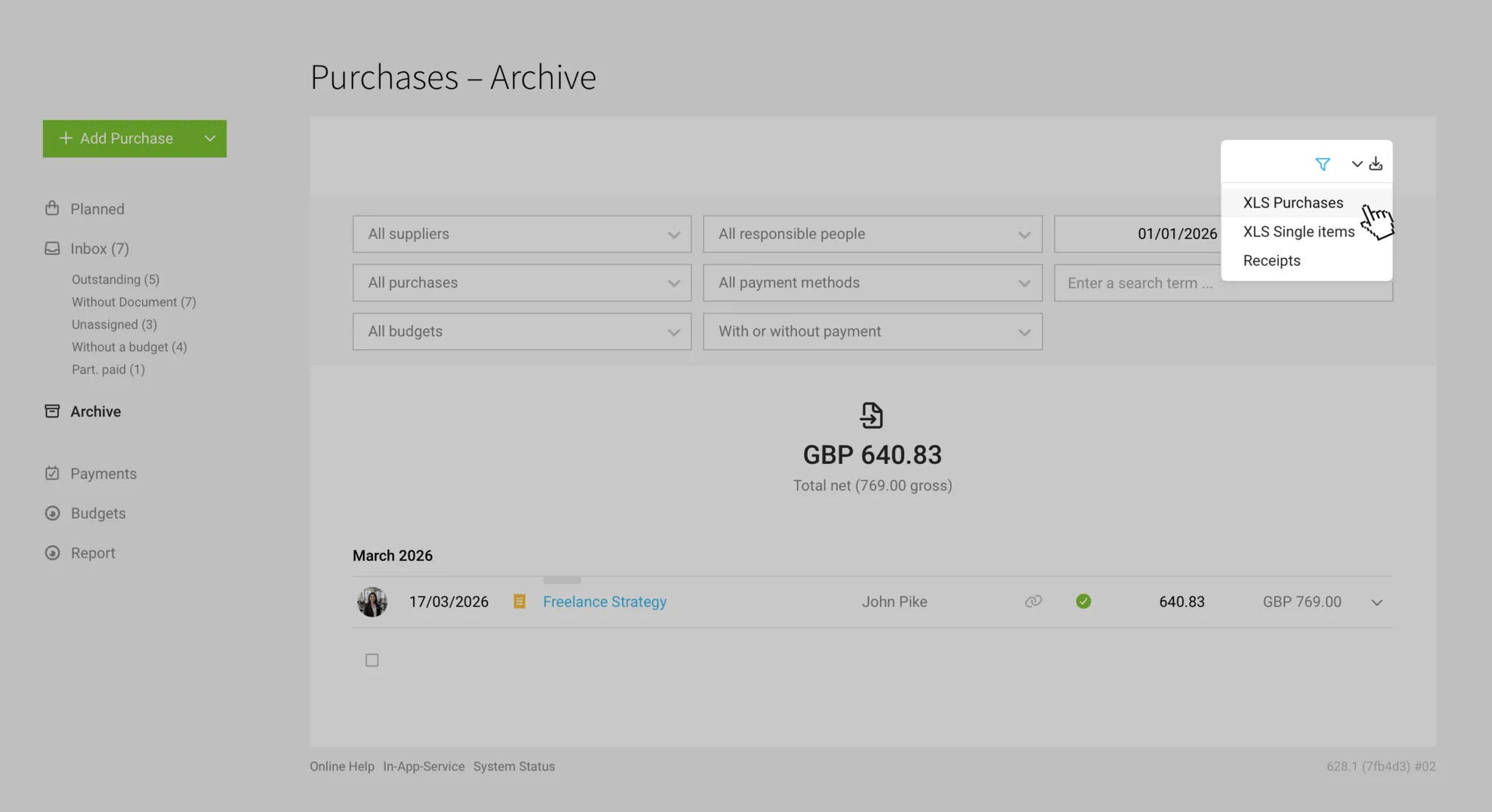 Export of expenditures and incoming invoices and receipts
