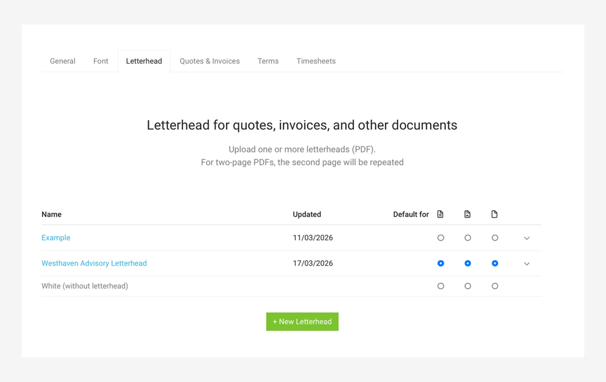 Upload letterhead with logo and sender details