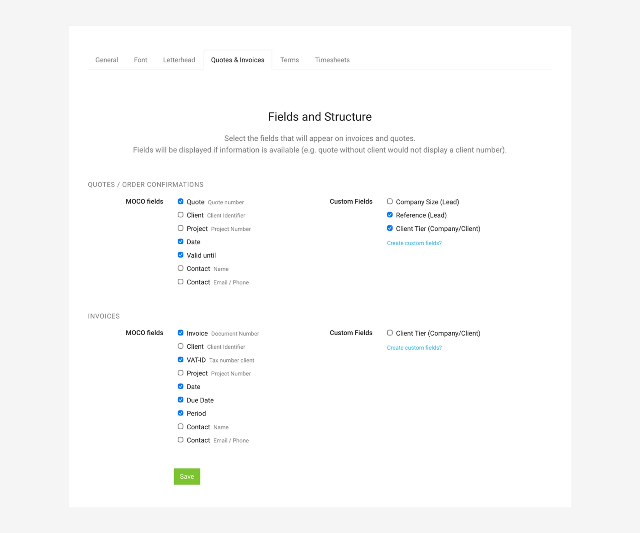 Layout settings for quotes and invoices in MOCO